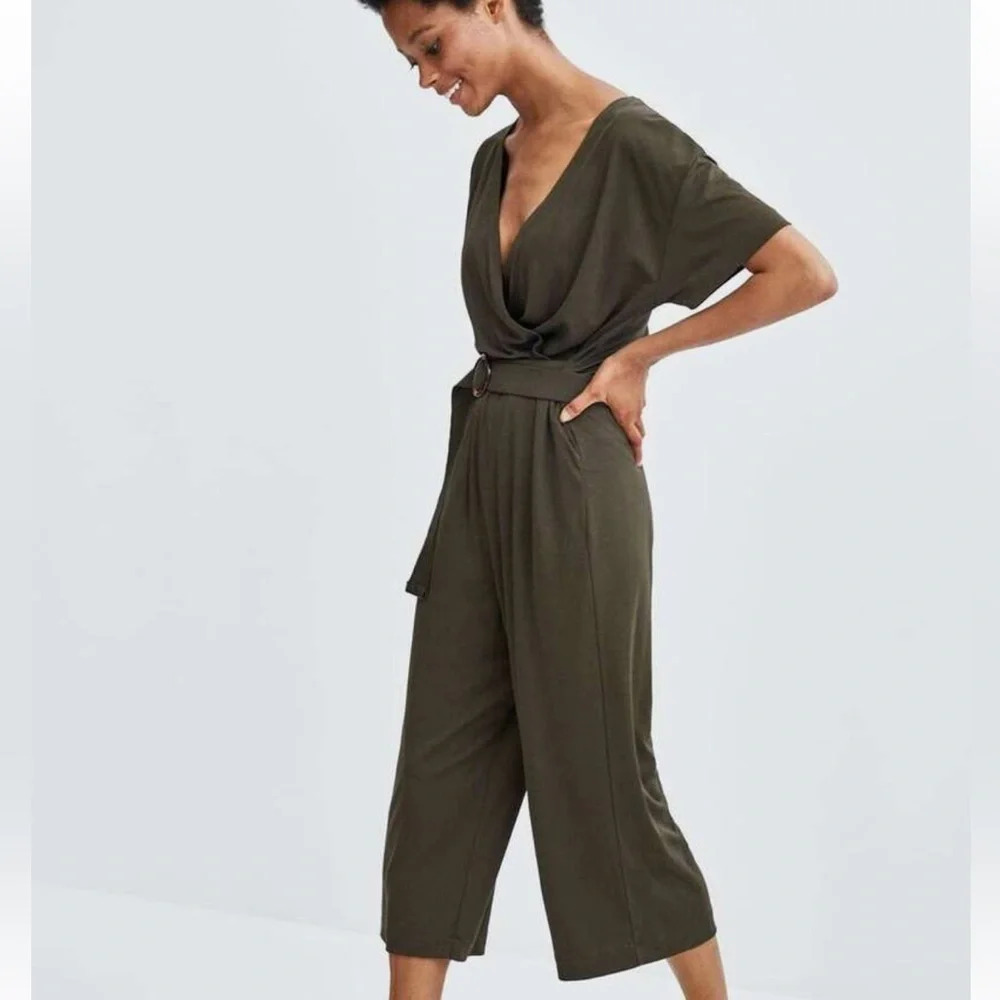 ZARA WOMAN OLIVE GREEN JUMPSUIT WITH BELT SHORT SLEEVE